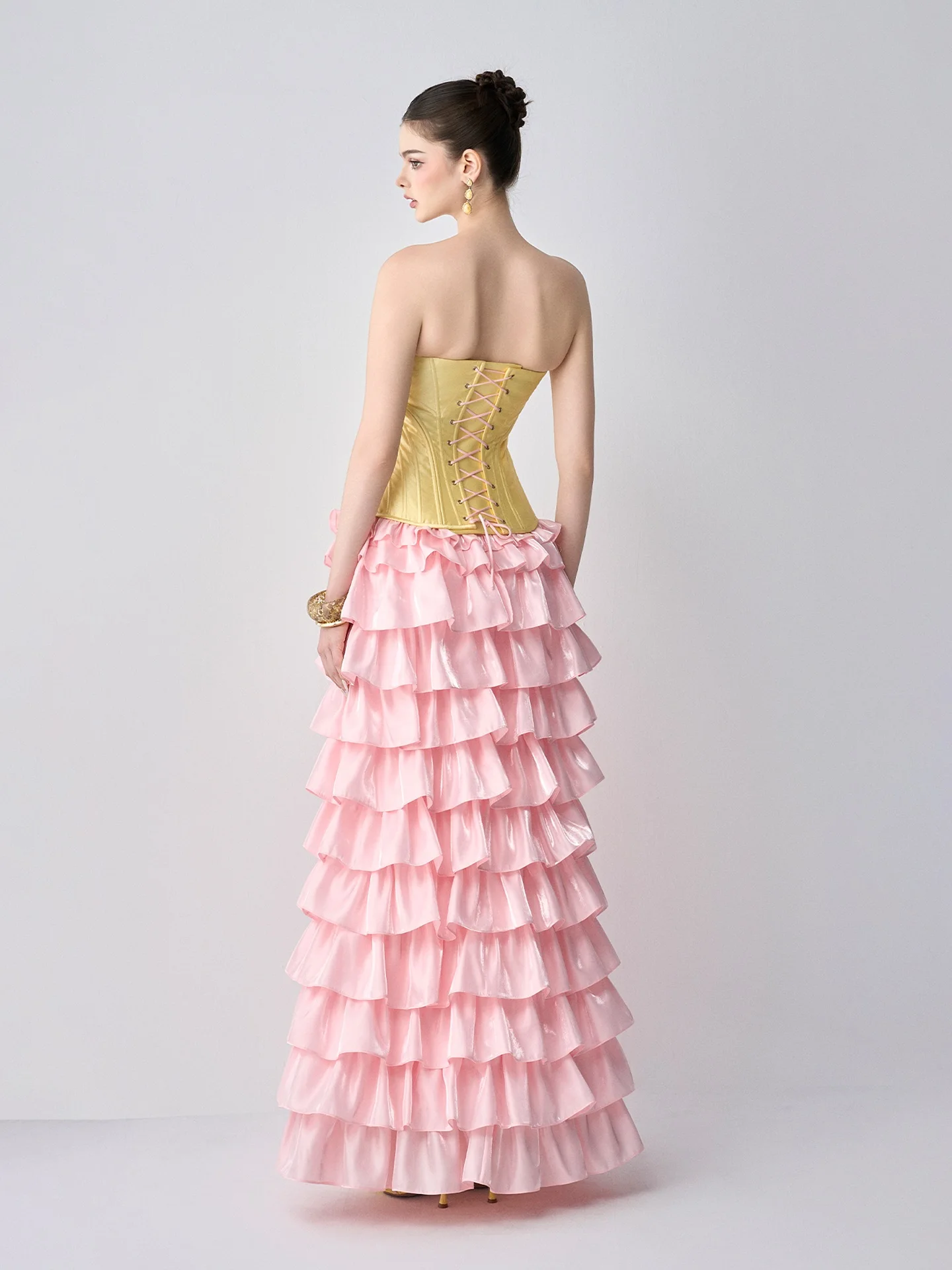 تنورة كعكة متدرجة باللون الوردي - تنانير عالية الخصر على شكل حرف A، تنانير صيفية مكشكشة ذات طبقات، ملابس سهرة أنيقة، تنورة نسائية طويلة بطيات #3