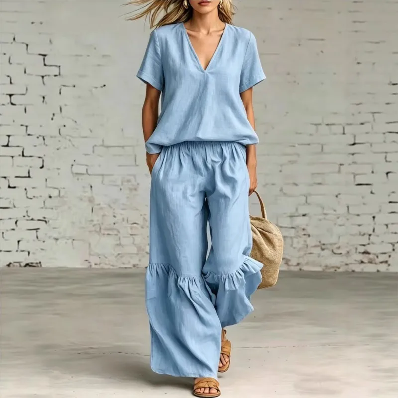 

Simple Style Solid Color Women's Splicing Design Two-piece Suit Fashion V-neck Loose Top+wide Leg Pants Set Ladies Office Outfit