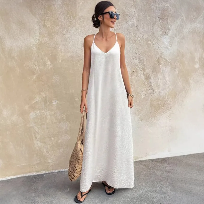 

Elegant Sling Long Dresses Women Backless Sexy Sleeveless Suspender Maxi Dresses Summer Fashion Solid V-Neck Beach Dresses Robe