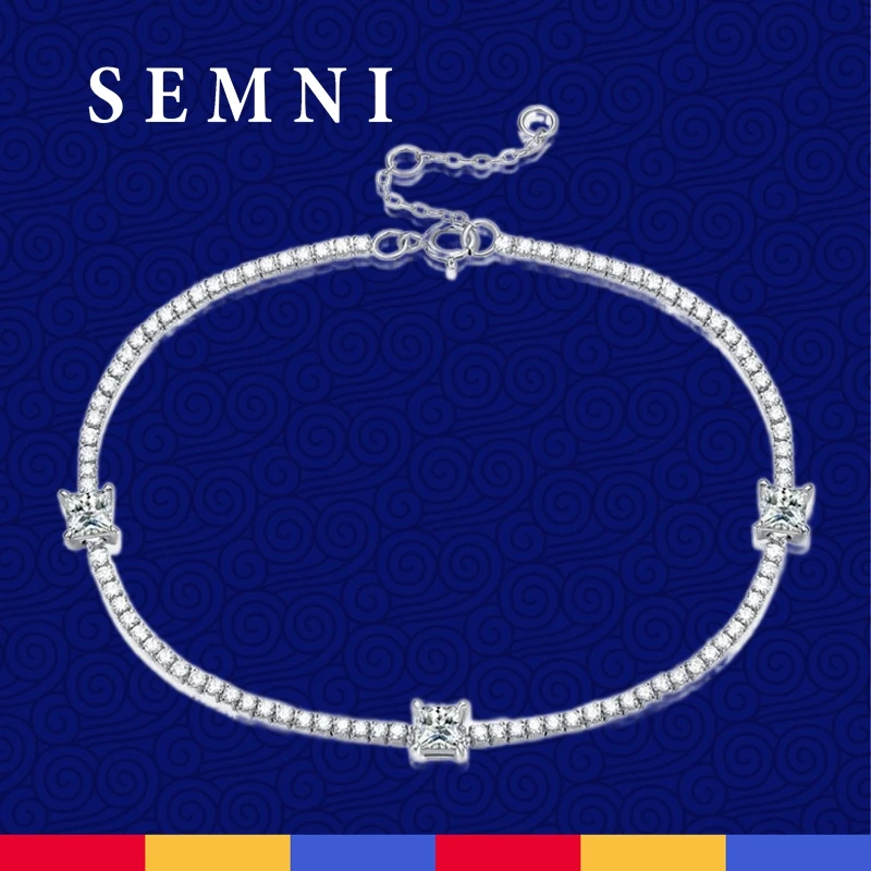 SEMNI Total 1.5CT Square Moissanite Diamond Bracelet for Women Girls Ins Style Forever Love Brilliant Bangle 925 Sterling Sliver