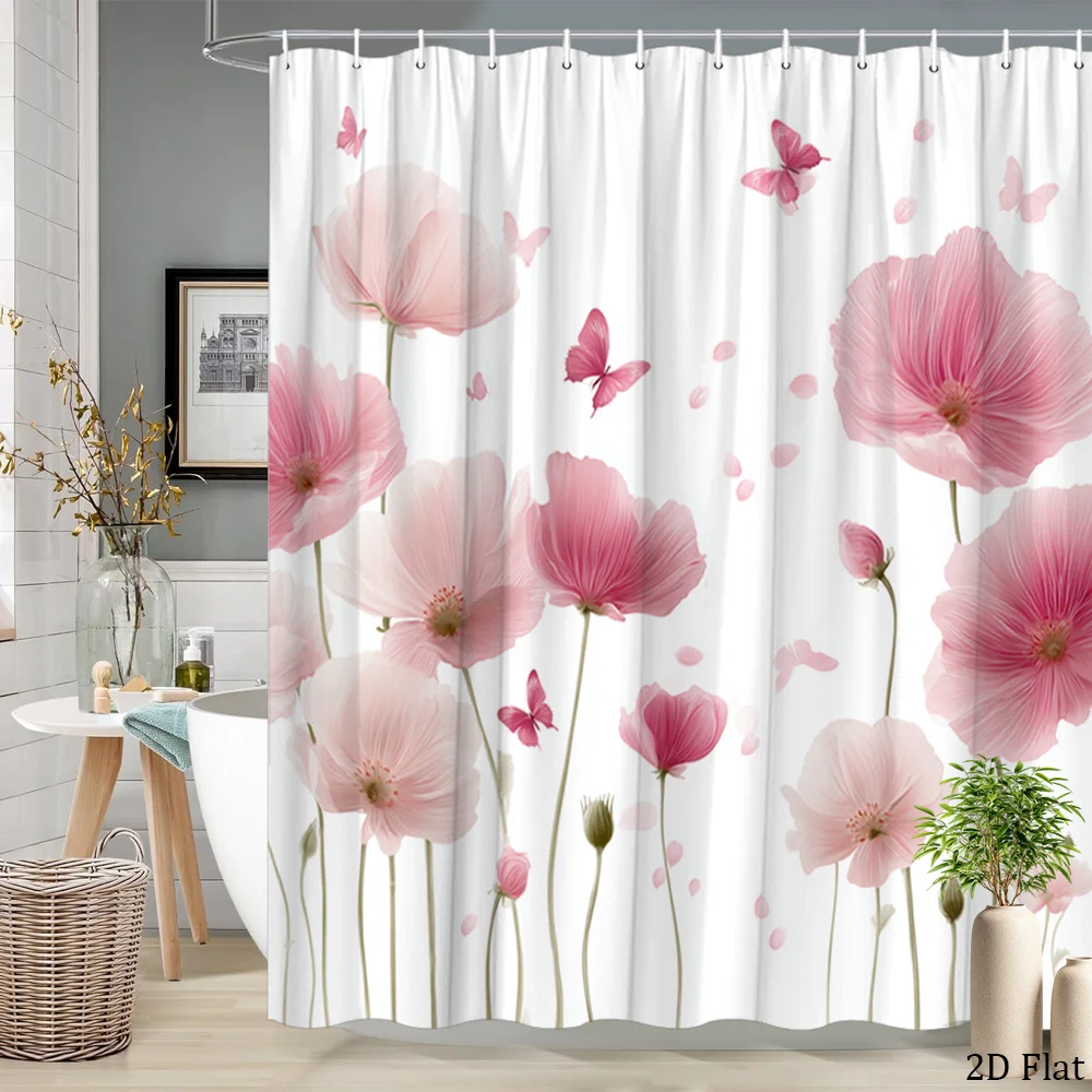 

Waterproof Shower Curtain Pink Floral Peony Butterfly Watercolor Aesthetic Bathroom Decor 180x200cm
