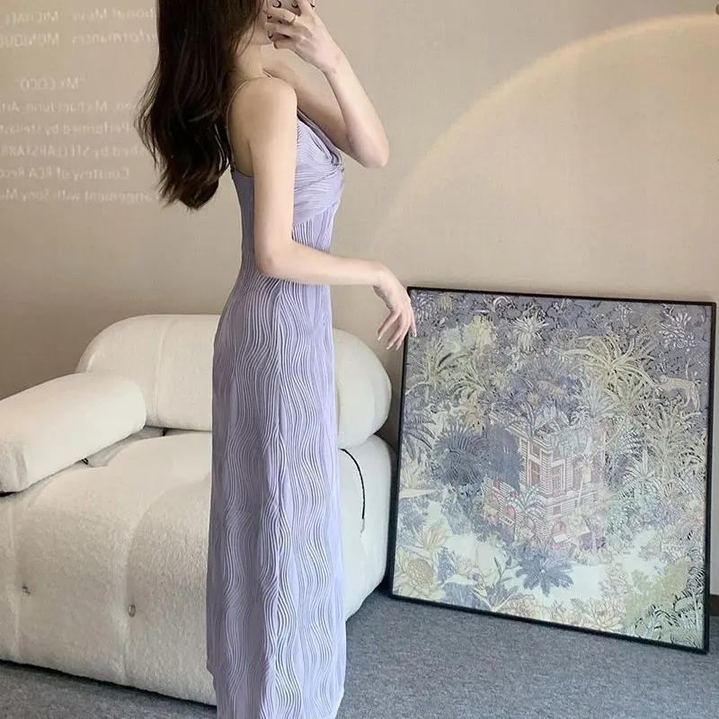 Sexy V-Neck Stylish Folds Slip Long Dress Summer French Style Elegant Slim Female Clothing Waist Sleeveless Solid Color Dresses