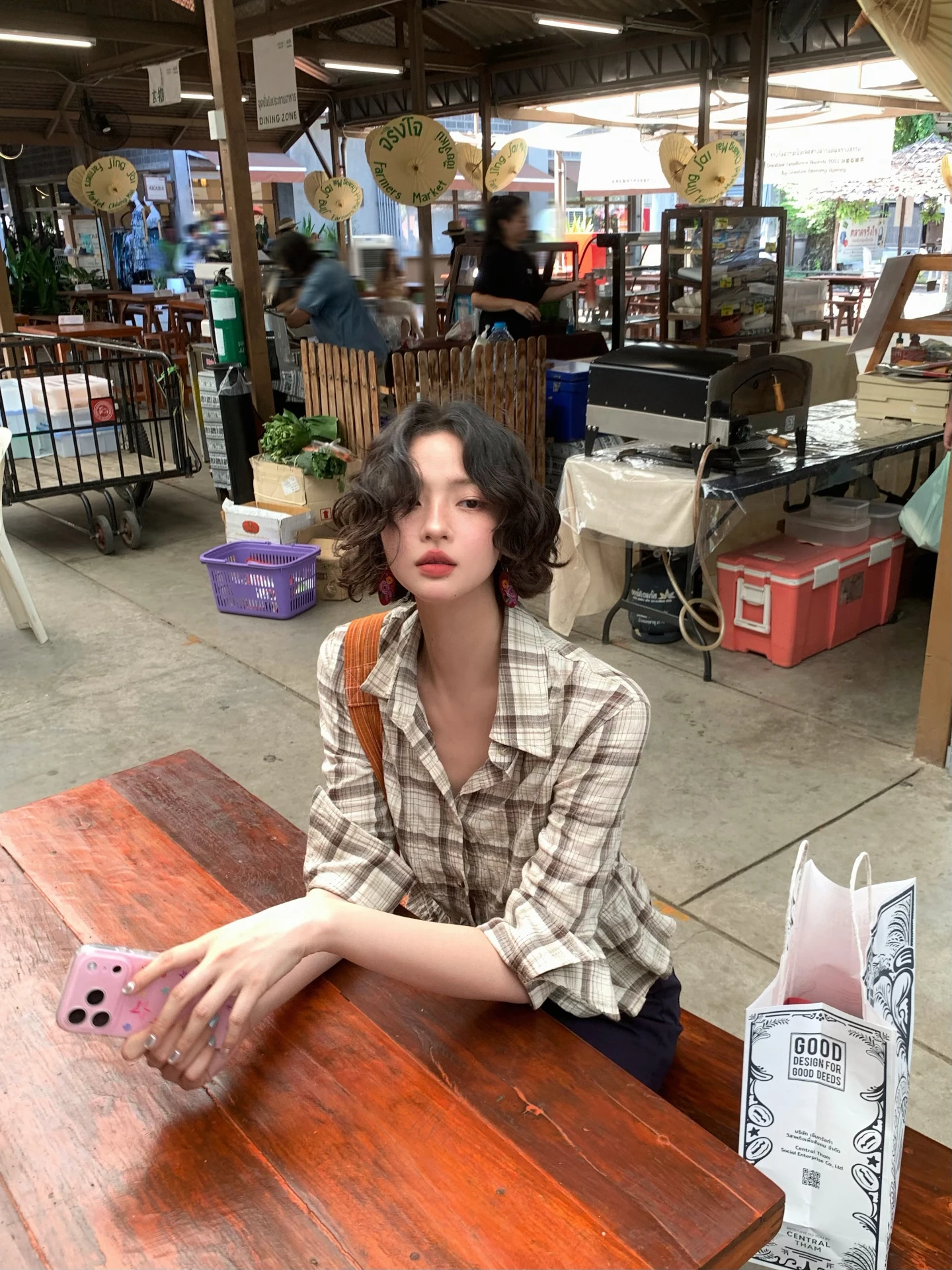 

Retro Hong Kong Style Plaid Print Short Shirt Women's Slim Fit Shirt Breathable Cotton Fabric Turn-down Collar Casual Top