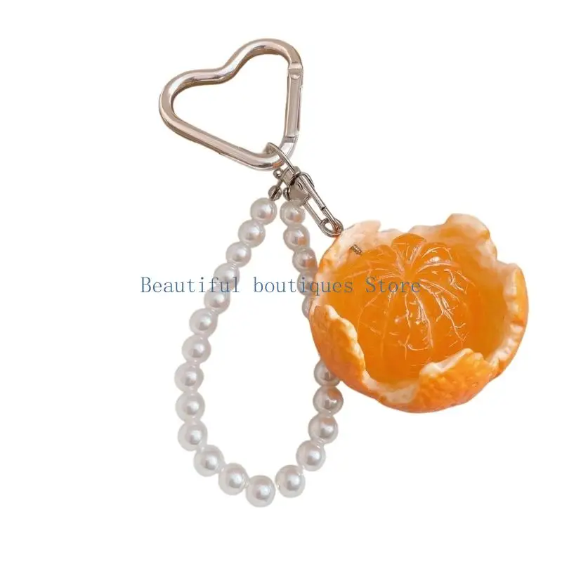 U4LF Heart Clasp Bag Charm Keychain with Glossy Fruit Pendant and Beaded Loop for Daily Accessory Carry, 14 cm Length
