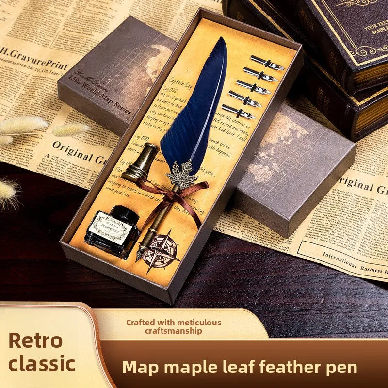 

Blue Peacock Retro Feather Pen Dipping Map Pen Holder Pen Set Dipping Set Gift Box Office Supplies Holiday Gifts