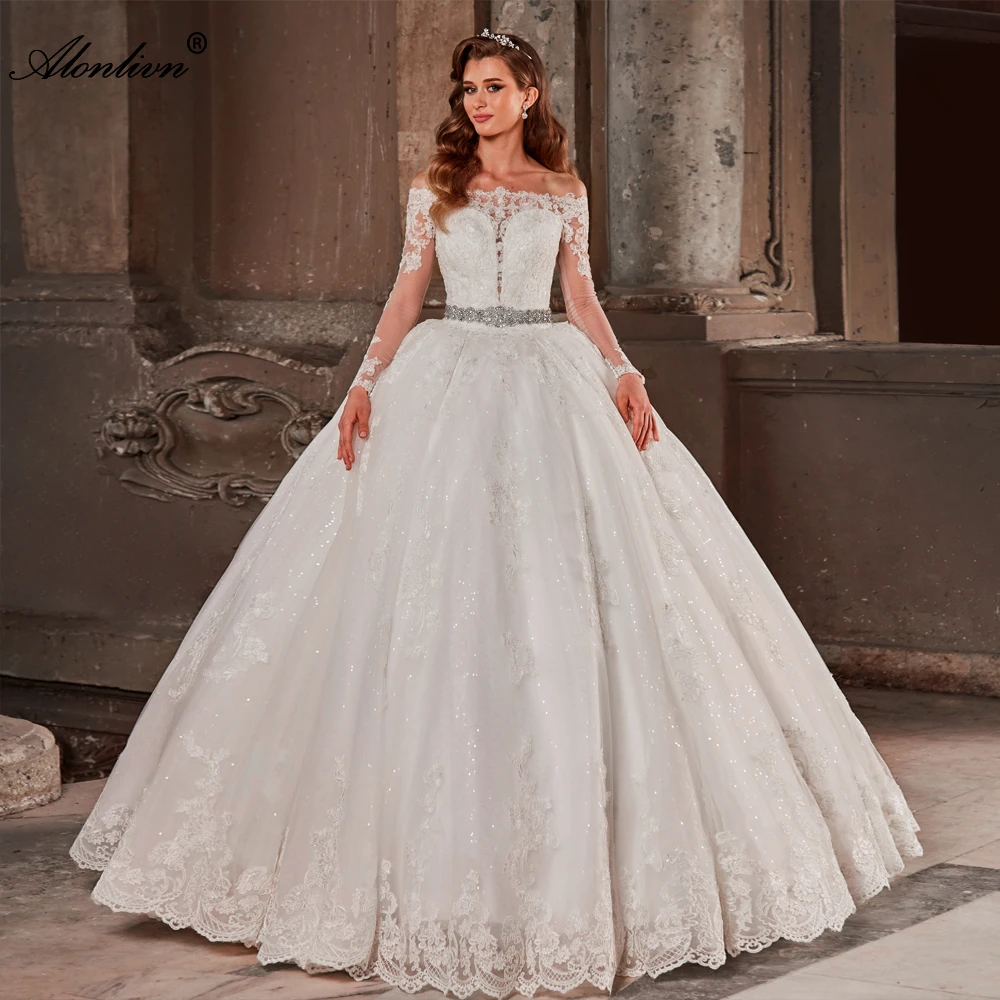 Alonlivn Elegance Boat Neck Ball Gown Wedding Dresses Beading Pearls Sash Appliques Lace Off Shoulder Sleeves Bridal Gowns