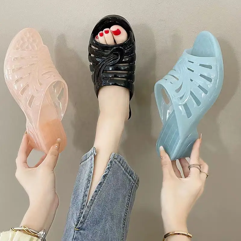 New Women\'s One Word Hollow Wedges Crystal Slipper Soft Sole Non Slip Home Slipper Outdoor High Heels Slippers Bathroom Slipper