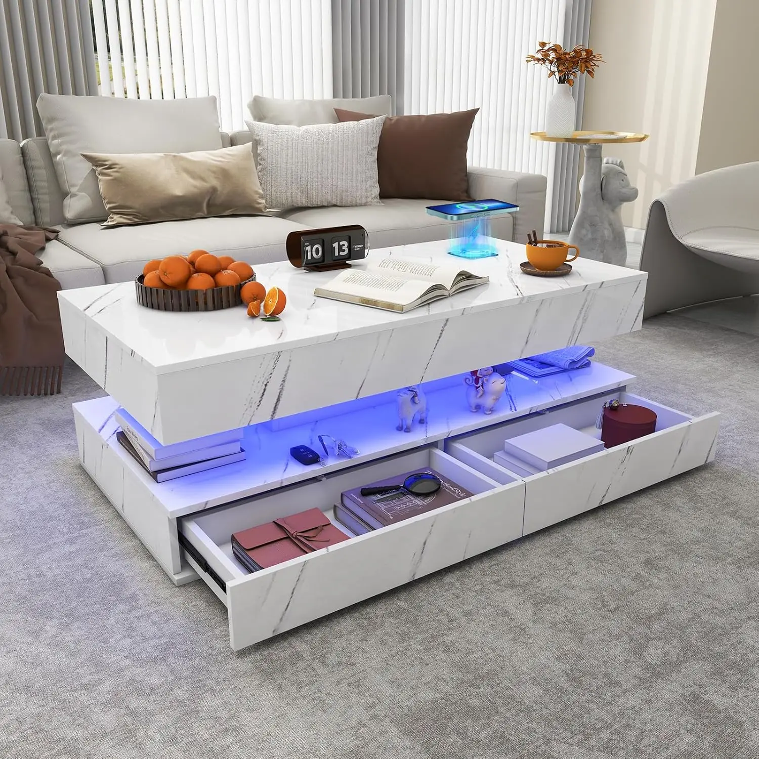 47Inch High Glossy Led Coffee Table With Wireless Charging And Speaker, Modern Coffee Table With 2 Sliding Drawers,