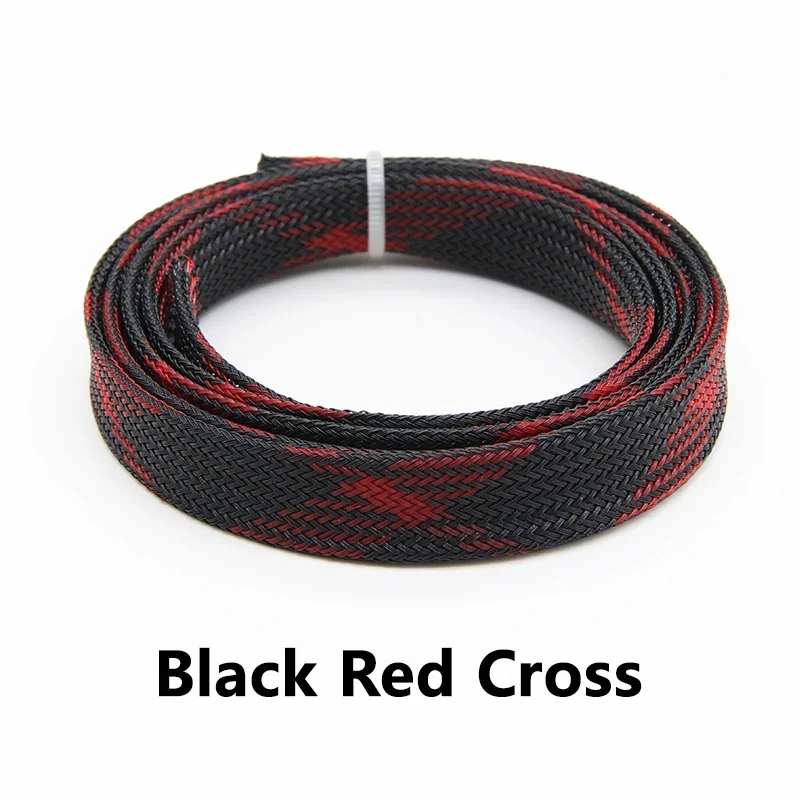 1/5/10/50m Black-Red Cross PET Braid Sleeves 2/4/6/8/10/12/14/16/20/25/30mm High Density Insulated Snake Skin Cable Wrap Sheath