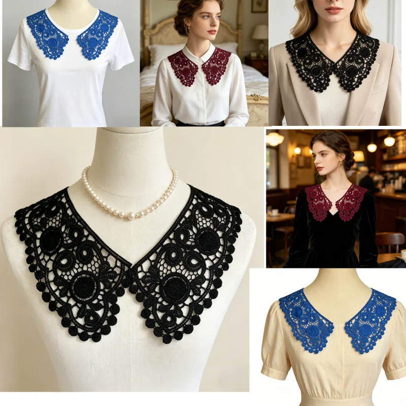 

2 pairs of retro lace detachable and openwork decorative collar for ladies. Suitable for both shirts and dresses. Available in 8