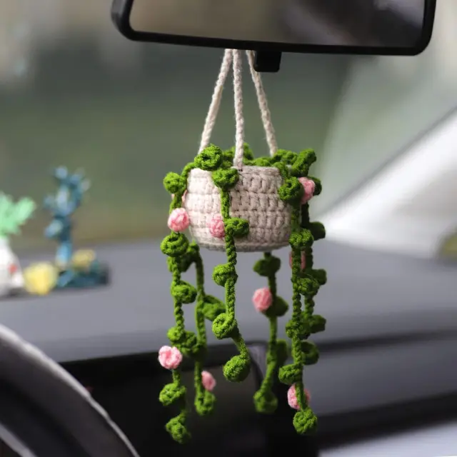 Ręcznie robione na szydełku rośliny do stylizacji samochodu soczyste rośliny samochodowe Ornamentos dekoracje akcesoria wewnętrzne uroczy prezent dla kobiet