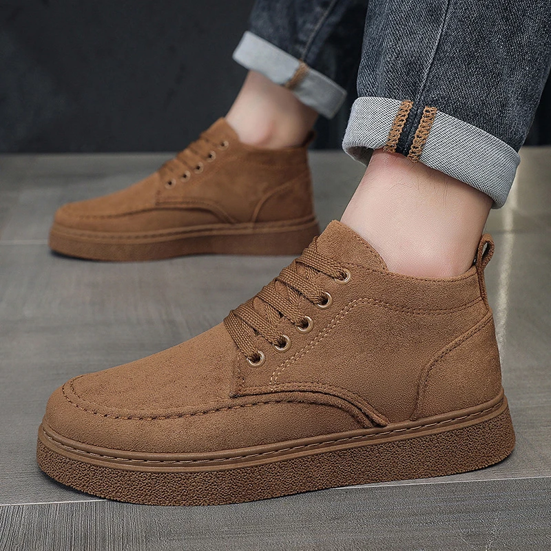 Brown Faux Suede Oxfords Boots Men's Lace Up Hand Stitched Trainers Moc Toe Non Slip Thick Shoes Man Sneaker Commute Daily Shoes