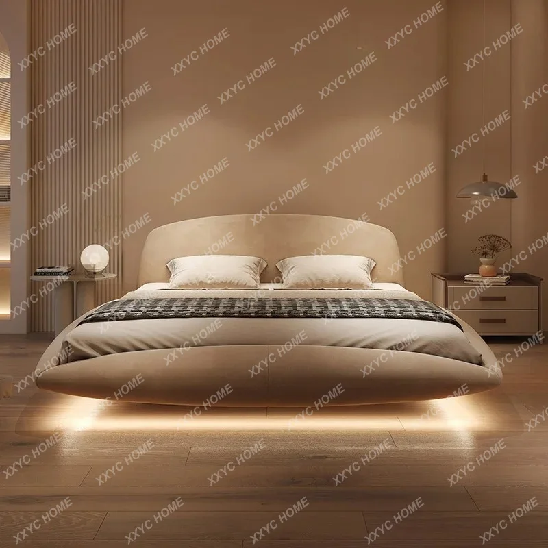 

X Light Luxury Modern Fabric Bed, Suspended Bed With Lamp, Italian Minimalist 2 Meters Master Bedroom Atmospheric Luxury Bed