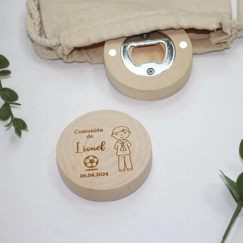 Personalized Magnet Openers Custom Wedding Party Favor Engraved Wooden Fridge Magnet Souvenir with Burlap Bag Wedding Guest Gift