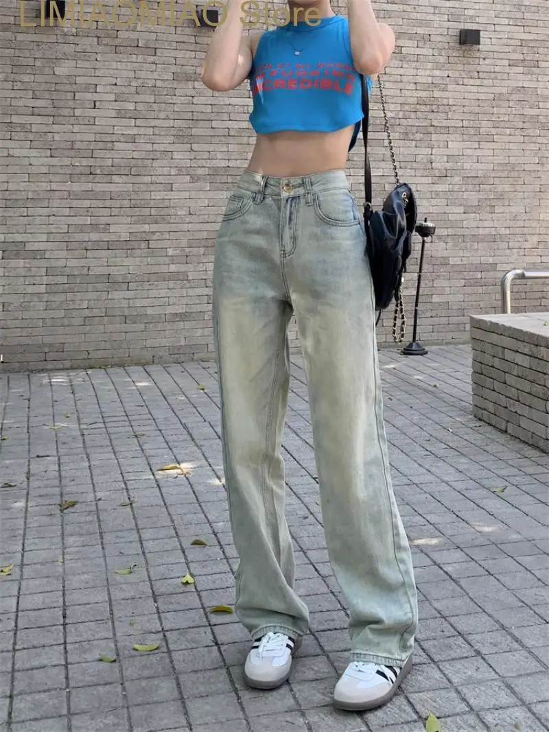 New Washed Distressed Light Blue Straight Jeans High Waist Retro Women Pants Denim Zipper Pantalones Wide Leg Jean Chic