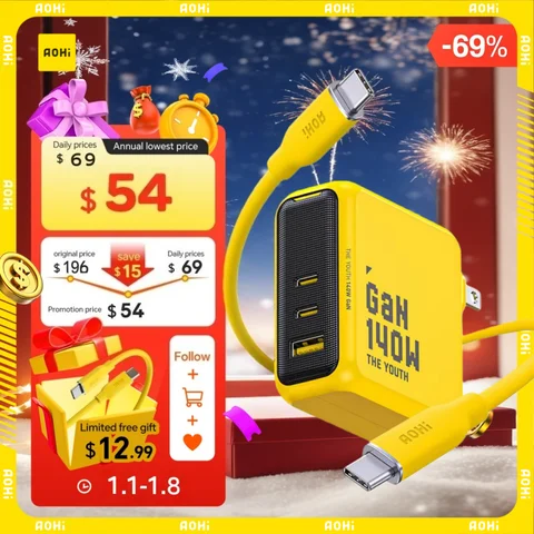 AOHI Youth 140W GaN Charger PD3.1 3-Port Type C Quick Charge For Macbook Pro Laptop USB Fast Charger For iPhone 16 Xiaomi Tablet