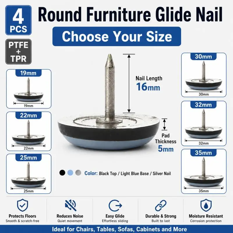 16/12/8/4Pcs Glide Pads with Nails 19-35mm Round Furniture Protectors for Table Chair Legs Cabinet Sofa