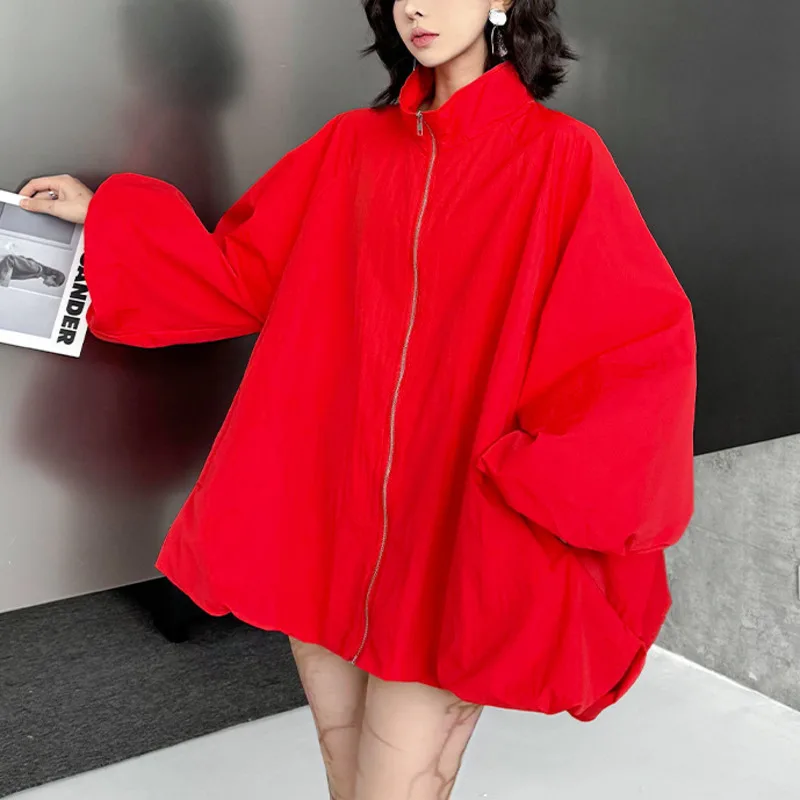 HKSH Frühling Herbst Neue Frauen Jacke Übergroßen Stehkragen Lange Laterne Hülse Zipper Einfarbig Streetwear Trendy Mantel HK12570