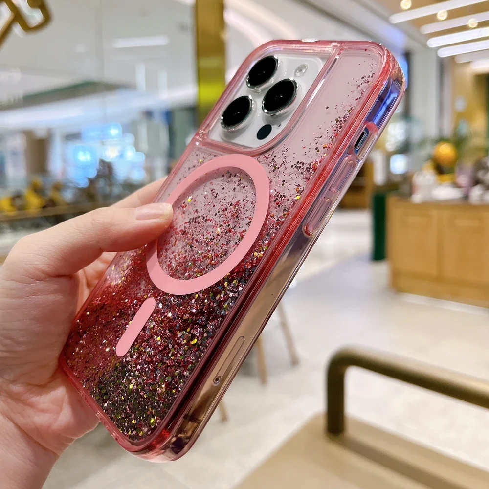 Glitter Quicksand Magnetic Phone Case for iPhone 14 15 ProMax Plus 13 Pro Max Magsafe Liquid Silicone Wireless Charge Soft Cover