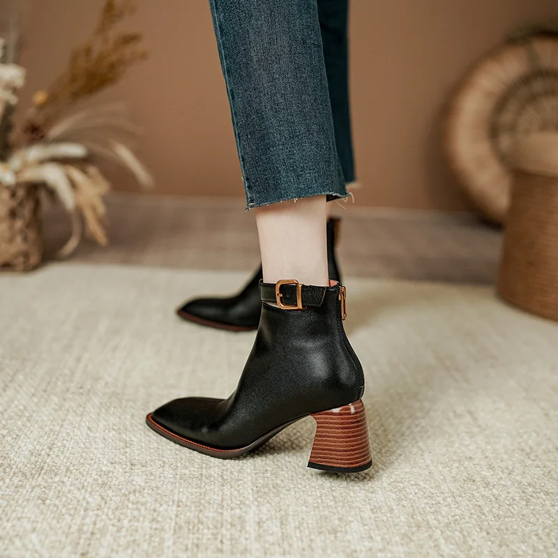 Retro Genuine Leather Women's Ankle Boots Autumn Winter 6.5cm Chunky Heels Boot Elegant Lady Square Toe Black Brown Buckle Boots