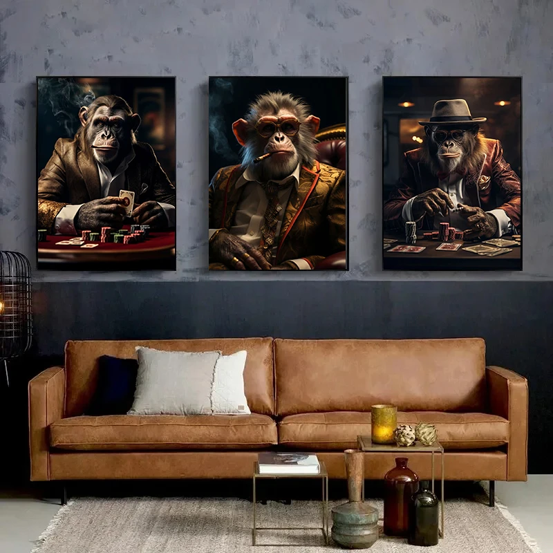 Funny Smoking Monkey Chimpanzee in Suit Gorilla Gangsters Art Poster Prints Canvas Painting Wall Picture Living Room Home Decor