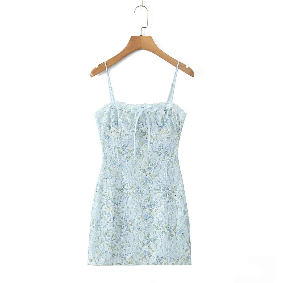 Sexy Hollow Out Hole Light Blue Flower Print Lace Sling Dress Women Bow Slash Collar Slim Waist Package Hips Mini Robe Summer