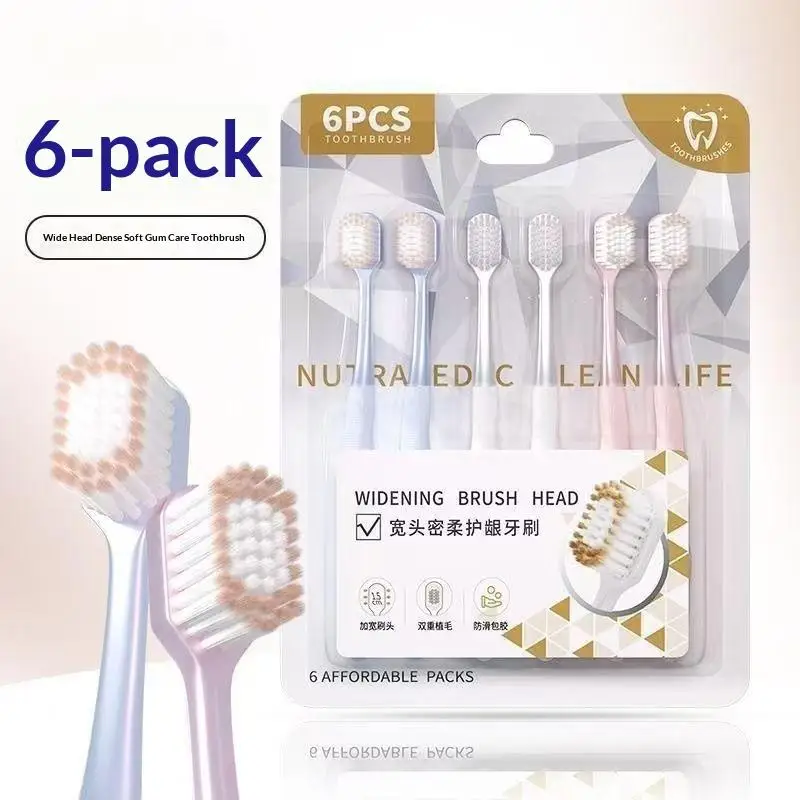 {+} 6Pcs/Set Wide Head Soft Bristle Toothbrushes High Density Manual Toothbrush For Daily Oral Cleaning Care Family Use