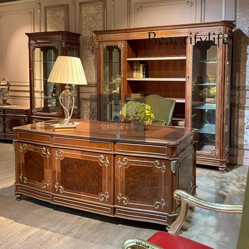 

European solid wood bookcase British villa living room decoration cabinet retro old bookshelf desk combination home desk