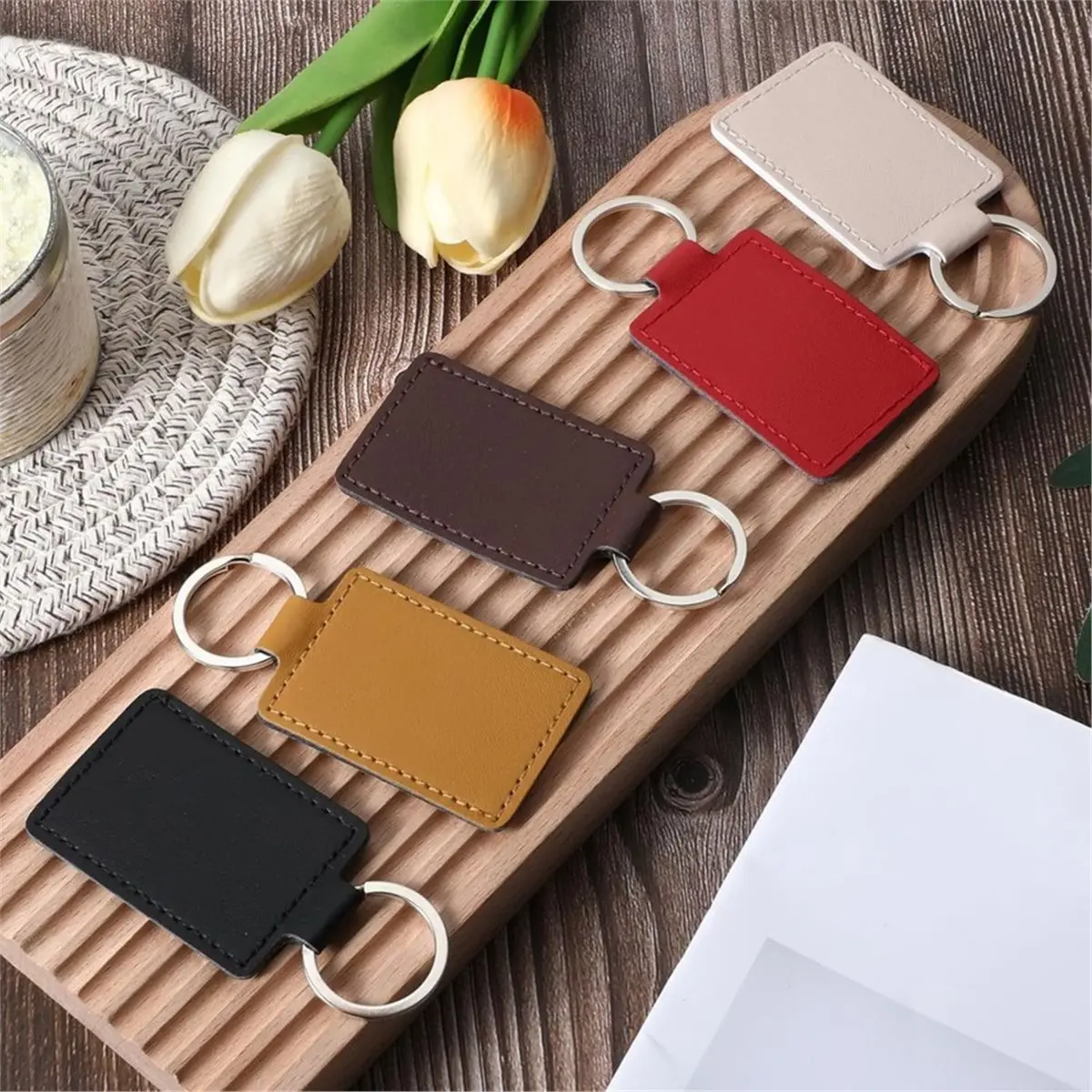 2026 New 48 Pcs Leather Key Fob Kit, Rectangular Keychain Blanks, PU Key Chain, Stamping DIY Crafts