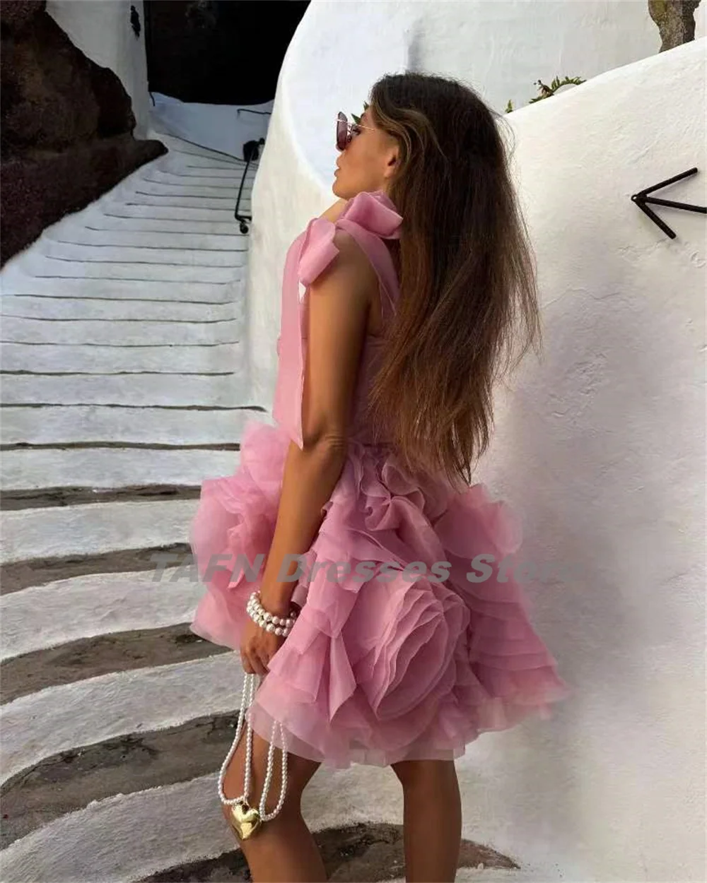 TAFN-precioso vestido de graduación Rosa plisado con tirantes para los hombros, vestidos de noche con escote Corazón, Mini batas románticas hechas a medida