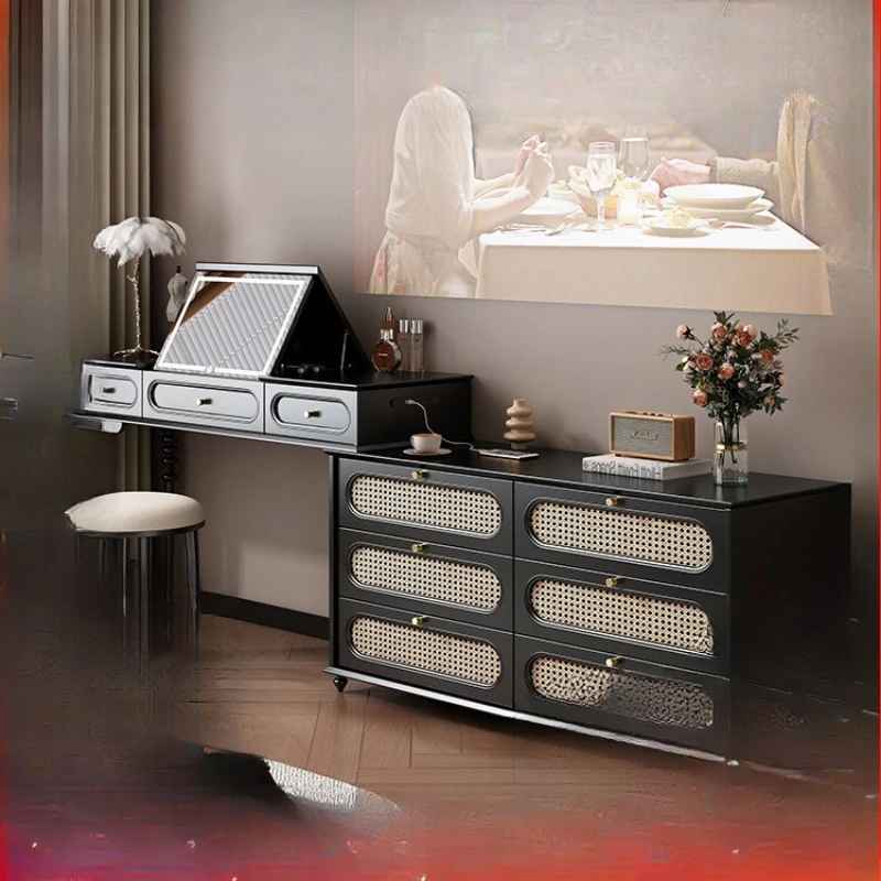 

Retro rattan makeup table storage cabinet integrated chest cabinet retractable bedroom large capacity dresser flip cover black