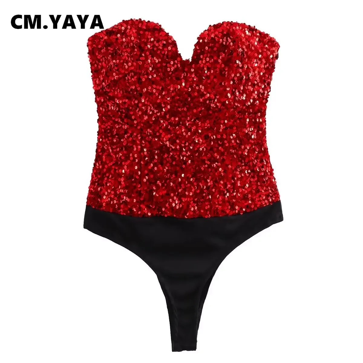 CM.YAYA Vintage Women Sequined Splicing Strapless Sweetheart Collar Bodycon Bodysuit Sexy Party Evening Club Bodysuits Tops