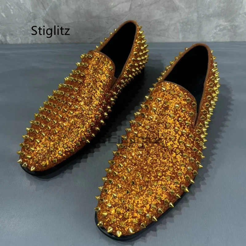 Gold Spike Loafers Men Round Toe Slip On High Quality Sequin Single Shoes Men Rivet Shoes Luxury Men's Dress Wedding Shoes