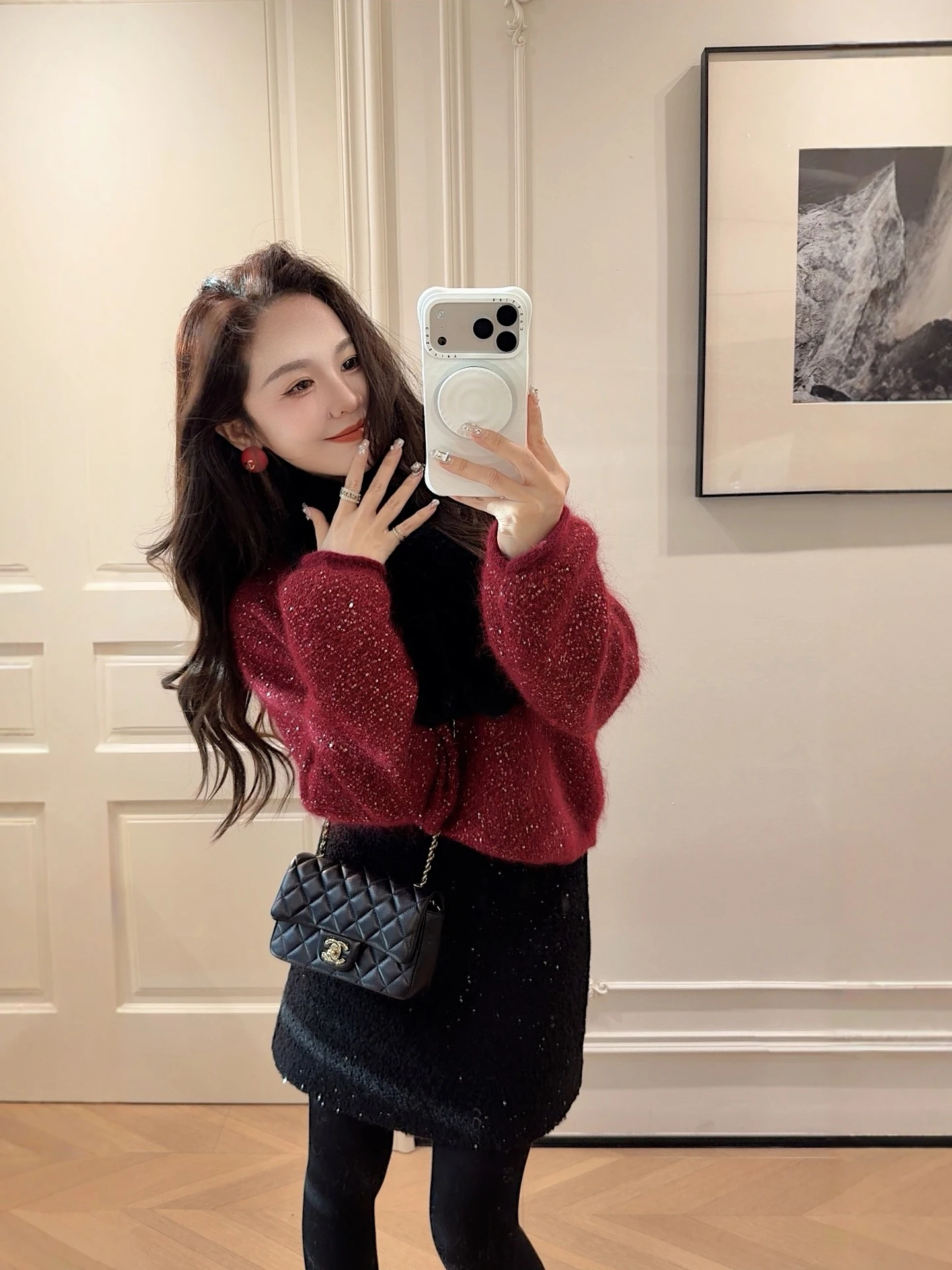 

PINZIKO Warm Furry Knitted Sweater with Sequins for Women Casual Loose Sle Sea Wool Blend Thi Winter Top