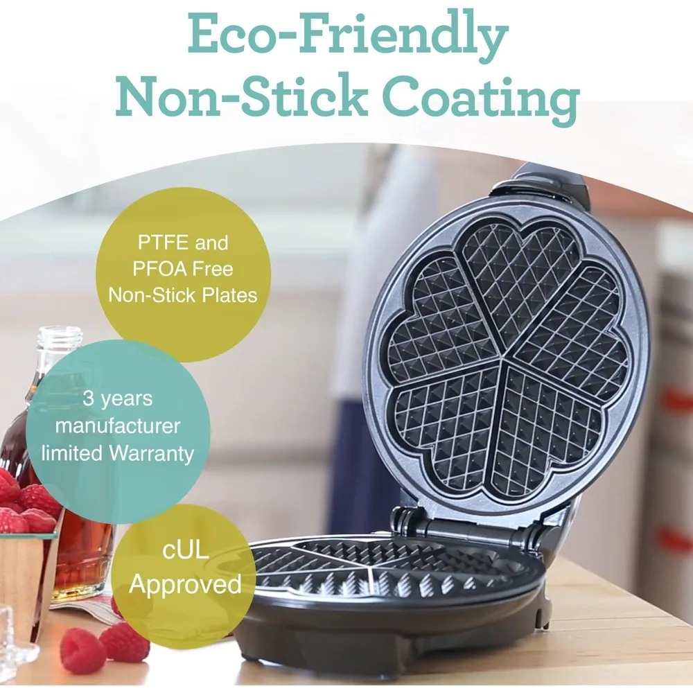 Heart Shaped Iron Waffle Maker - Eco-Friendly PTFE and PFOA Free Non Stick Plates, Perfect for V-Day & Special Occasions, 8-Inch