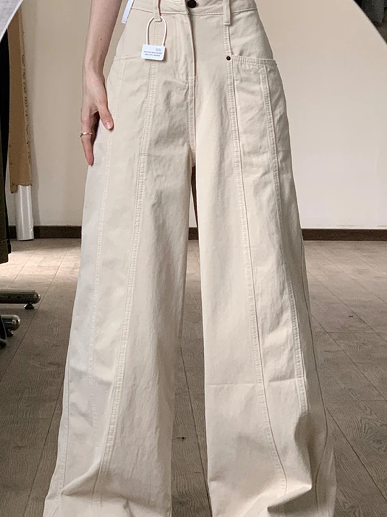 アメリカンハイウエストカジュアルパンツ レディースプラスサイズ ルーズドレープストレートレッグジーンズ ワイドレッグパンツ ベージュ