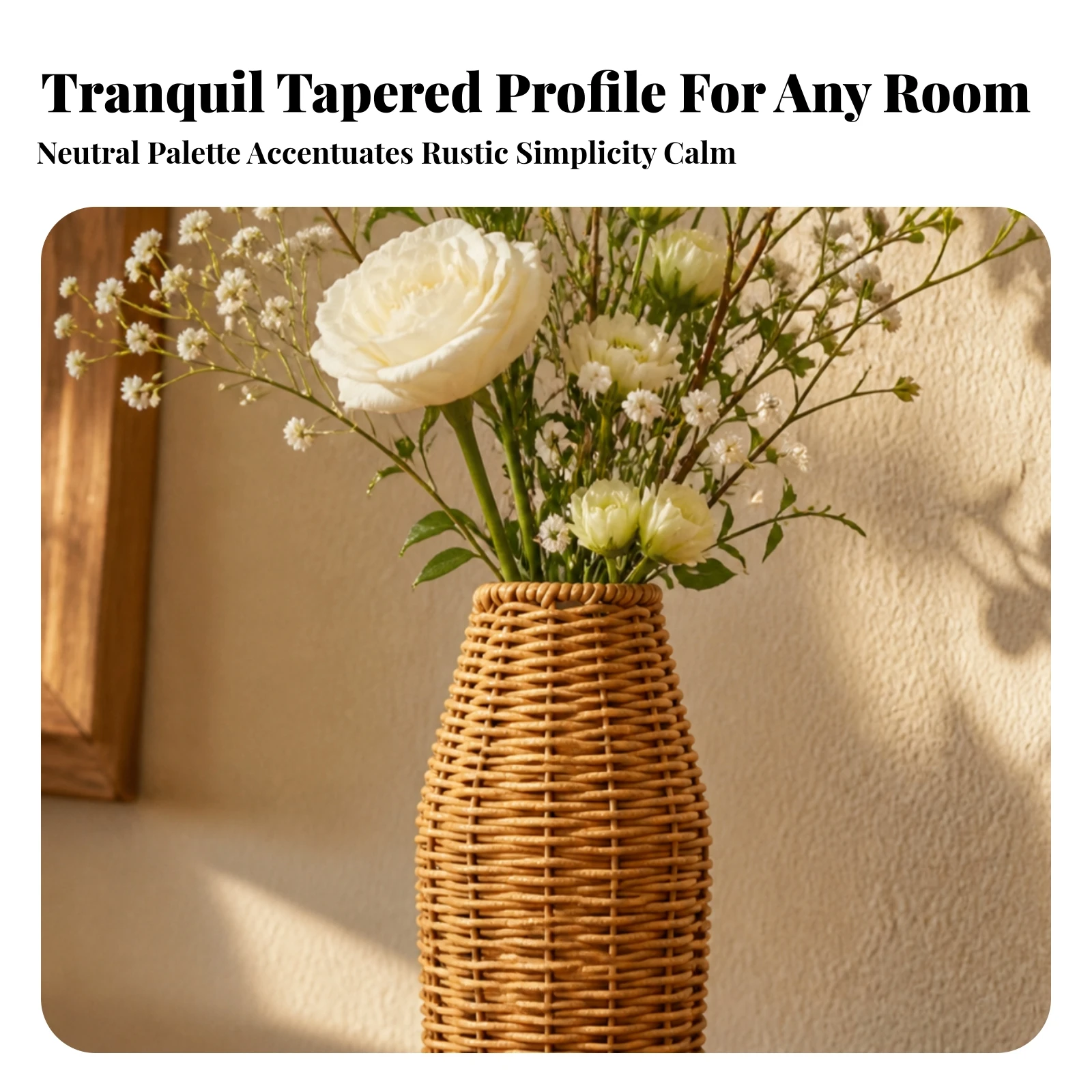 Rattan-Look Plastic Vase Rustic Woven Exterior Flower Vase Shatter-Proof Lightweight for Entryway, Reading Nook