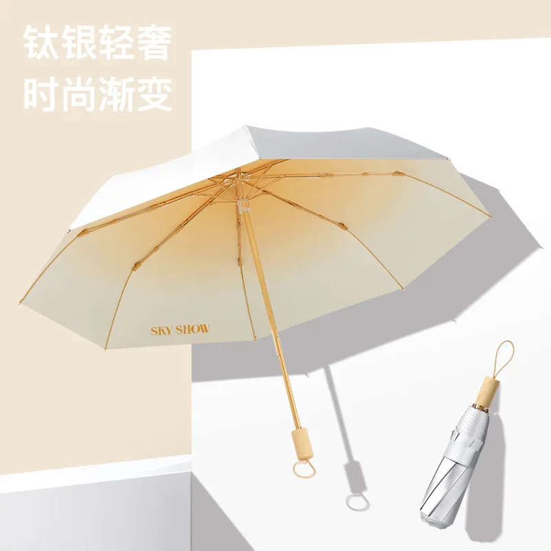 8 Bone Gradual Change Color Three Fold Titanium Silver Glue Sunscreen Sun Umbrella Women Solid Wood Umbrella