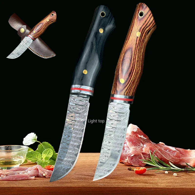 Damascus Boning Knife Meat Cleaver Mongolian Meat Eating Knife Beef Sheep Cutting Fruit Slicing Stainless Steel Kitchen Knife