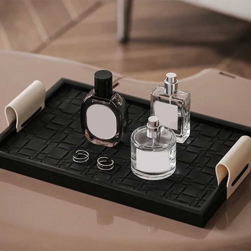 أوعية مفاتيح صينية جلدية لطاولة الدخول، صينية تنظيم سطح المكتب، صينية الغرور بمقبض، منظم التخزين، صينية الصيد