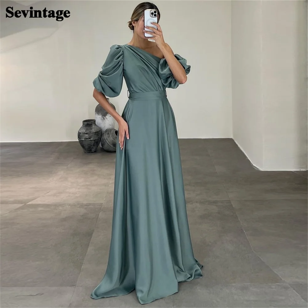 

Sevintage Modest Satin Prom Dresses A-Line One Shoulder Pleat Ruched Belt Formal Evening Dresses Floor Length Women Party Gowns