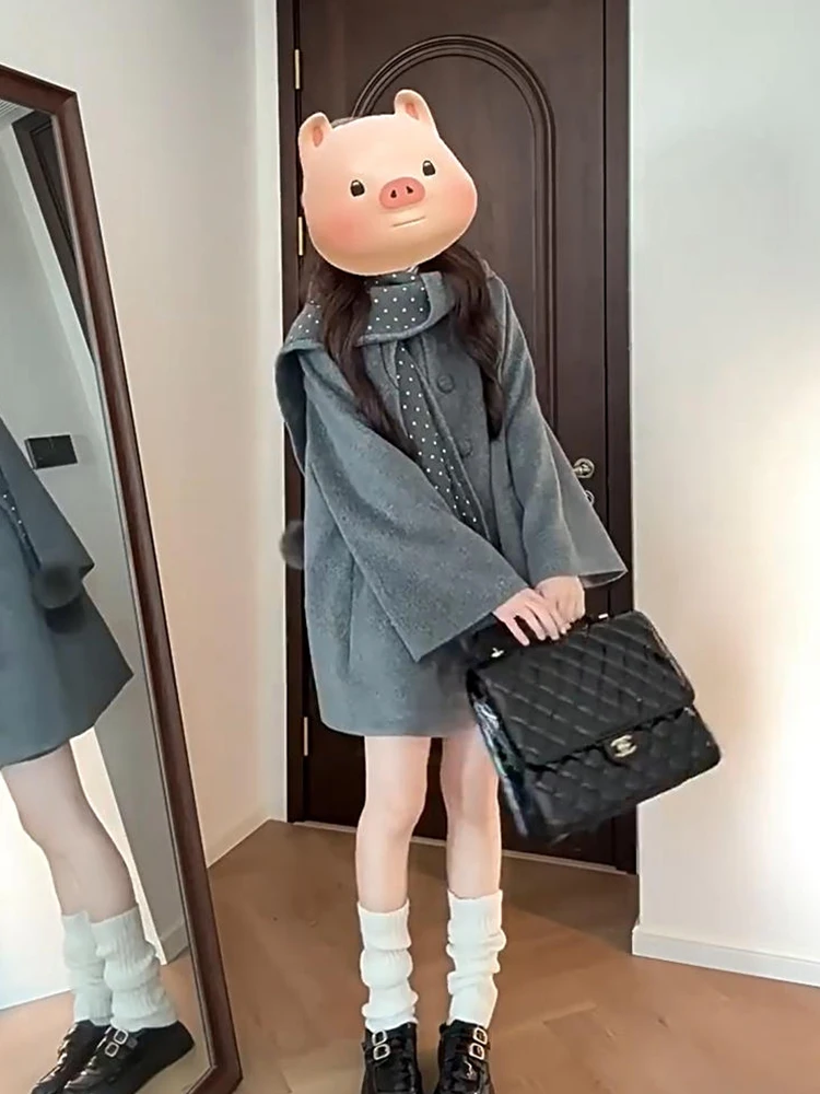 

Sweet Cute Small ey Polka Dot Scarf Woolen Coat Women's Winter New Sle Mid-Length Woolen Coat Korean Sle Long Sve