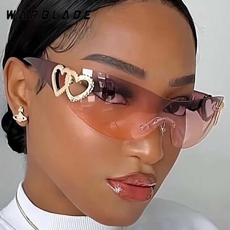 

Y2K Rimless One-Piece Love Hollow Out Decorate Women's Sunglasses Luxury Design Men Sunglass Summer Party Travel Goggles UV400