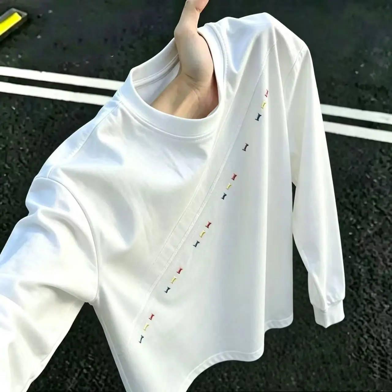 Embroidered Long Sleeve American Style Men's T-shirt Patchwork Upper Body Casual Sport Youth Trend Polyester Fiber Autumn Winter