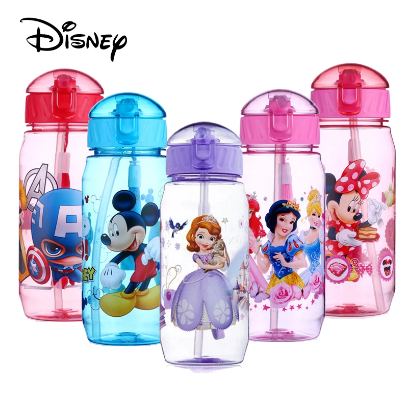 Disney Mickey Minnie Princess Cups for Kids Baby Water Feeding Cup Bottle Straw Portable Cartoon Cup Sport Bottles 450ML Hiking