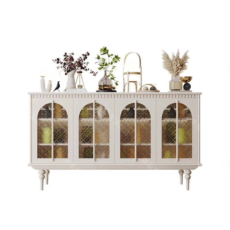 

French cream style dining side cabinet new glass door with lamp storage light luxury entrance cabinet solid wood