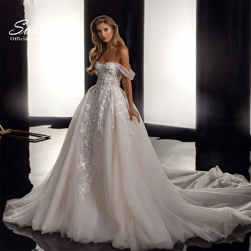 Elegantes Hochzeitskleid aus Organza mit Stickerei, Spitze, A-Linie, Ballkleid, ärmellos, U-Boot-Ausschnitt, Brautkleid mit Schnürung, Vestido De Novia