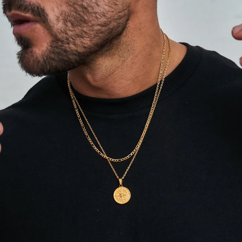 Casual Fashion Compass Necklace for Men Two Layer Stacked Cuban Figaro Chain Round Pendant Necklaces Punk Kpop Jewelry