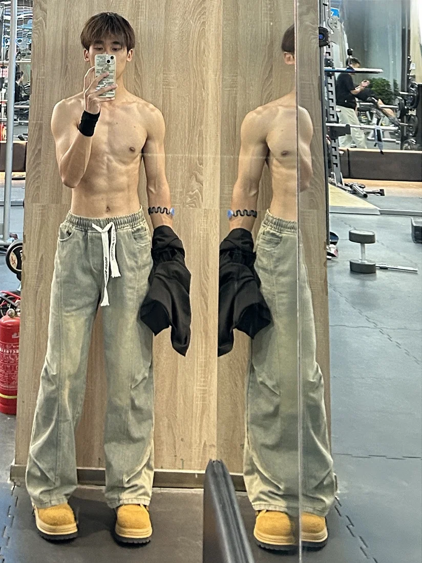 

Желтые джинсы-карго с эффектом потертости и складками, мужские, зимние, на флисе, прямого кроя, в стиле ретро, рабочая одежда, спортивный стиль, свободный крой, с высокой эластичностью