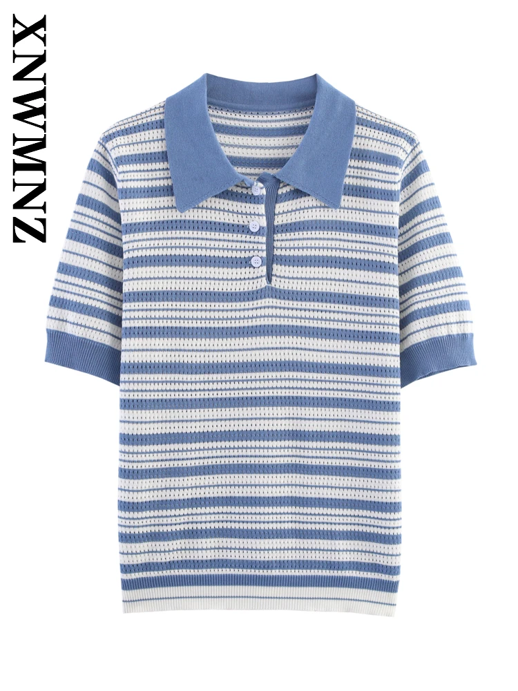 

XNWMNZ 2025 Lady Commuting Casual Short Sleeve Polo Collar Knitted Pullover Simple Women Clothing Blouses Chic Short Sleeve Top